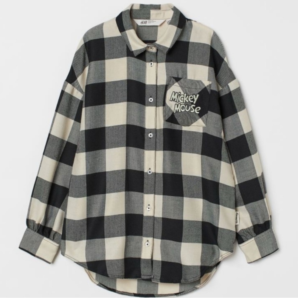 Sz 14 H&M Kids girls Mickey Mouse Plaid Shirt - Black and Cream